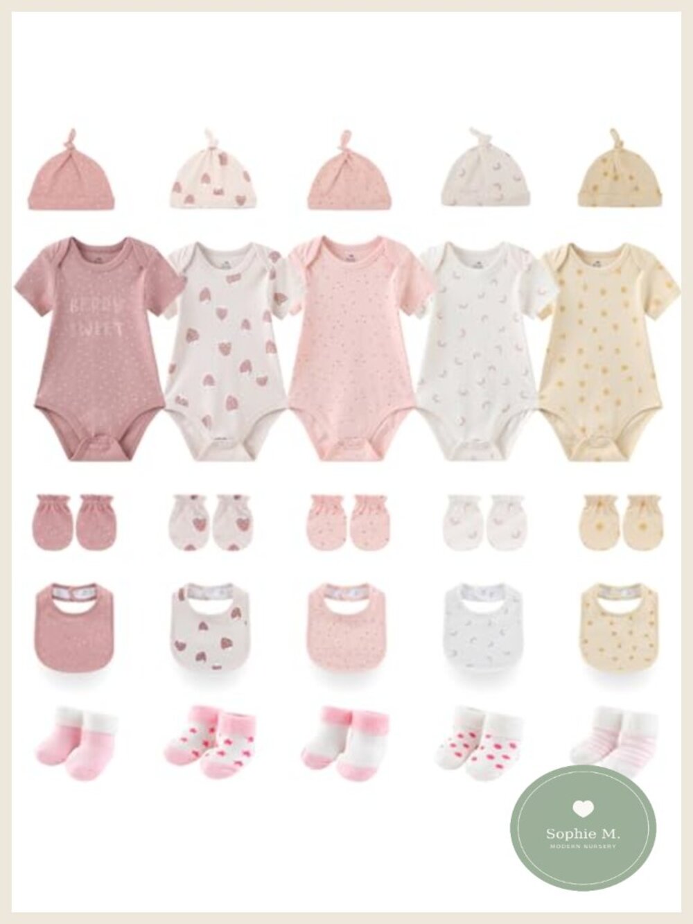 Newborn Baby Layette Gift Set 25-Piece Unisex Cotton Bodysuits Bibs Caps